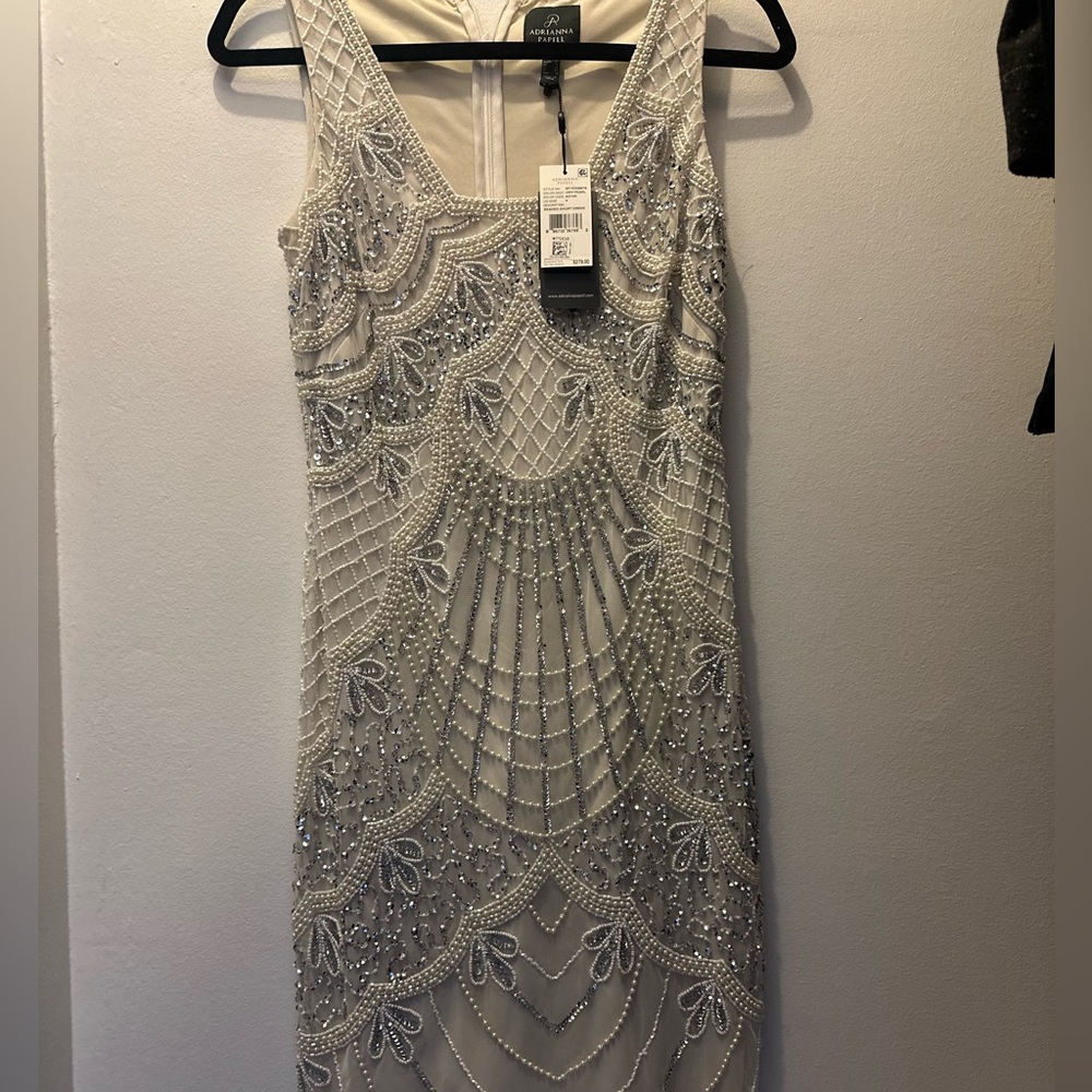 Adrianna Papell Ivory Pearl Beaded Formal Cocktail Wedding Dress for Bride